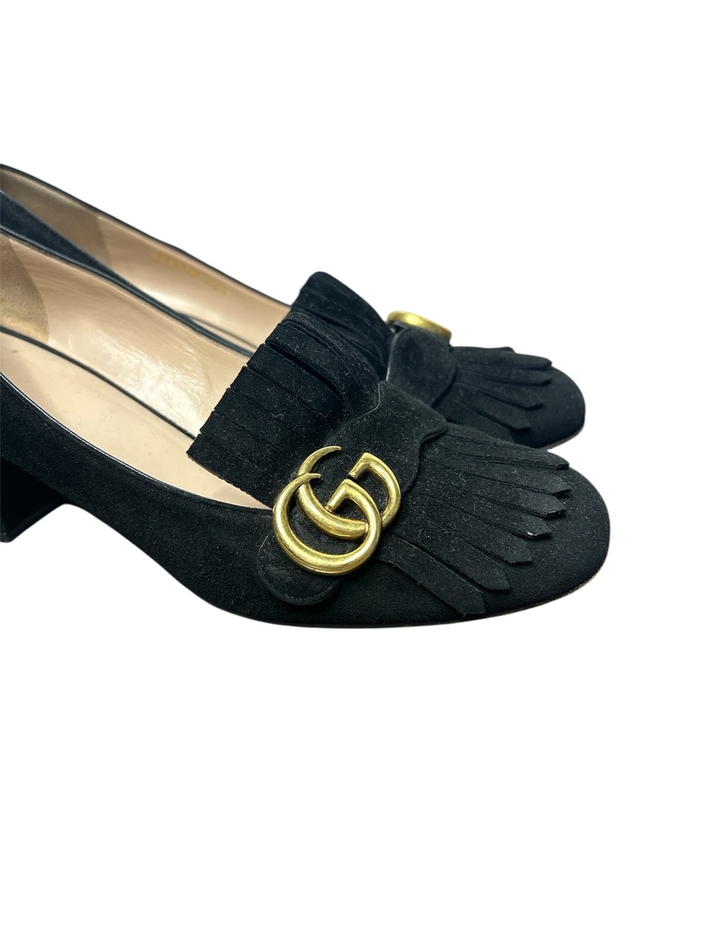 Gucci Marmont Fringe Block Heel Pumps Black Suede Double G Loafers Size 40.5 - Picture 6 of 9